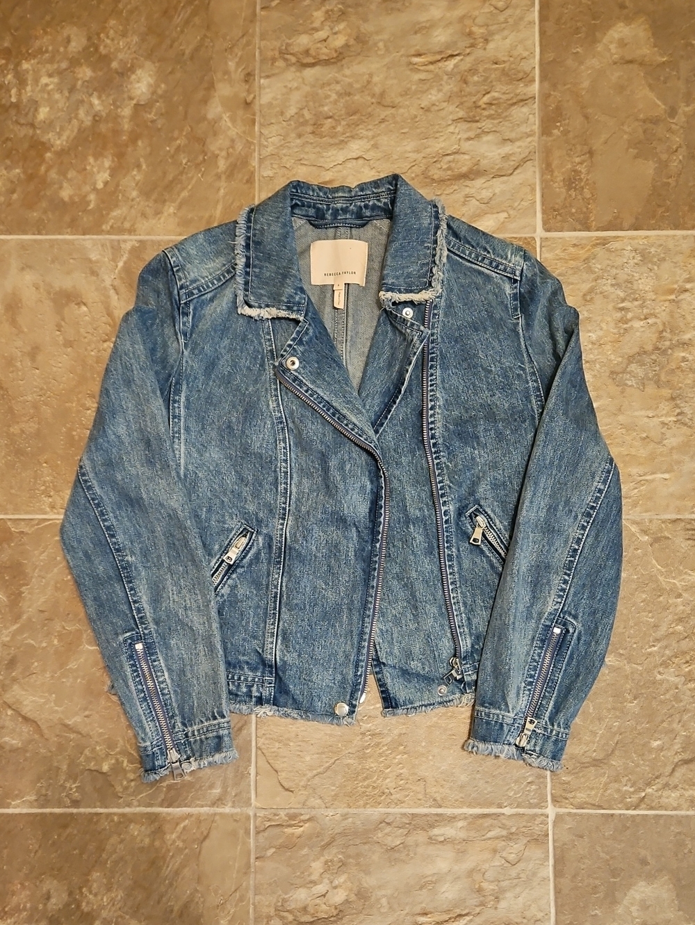 Rebecca Taylor Blue Denim Moto Jacket with Frayed Trim